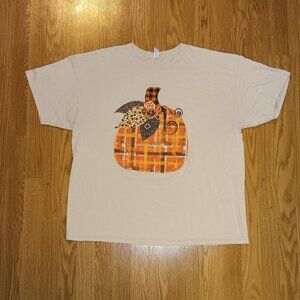 JERZEES 2X Beige Pumpkin Orange Plaid Leopard Print Fall Halloween T-Shirt